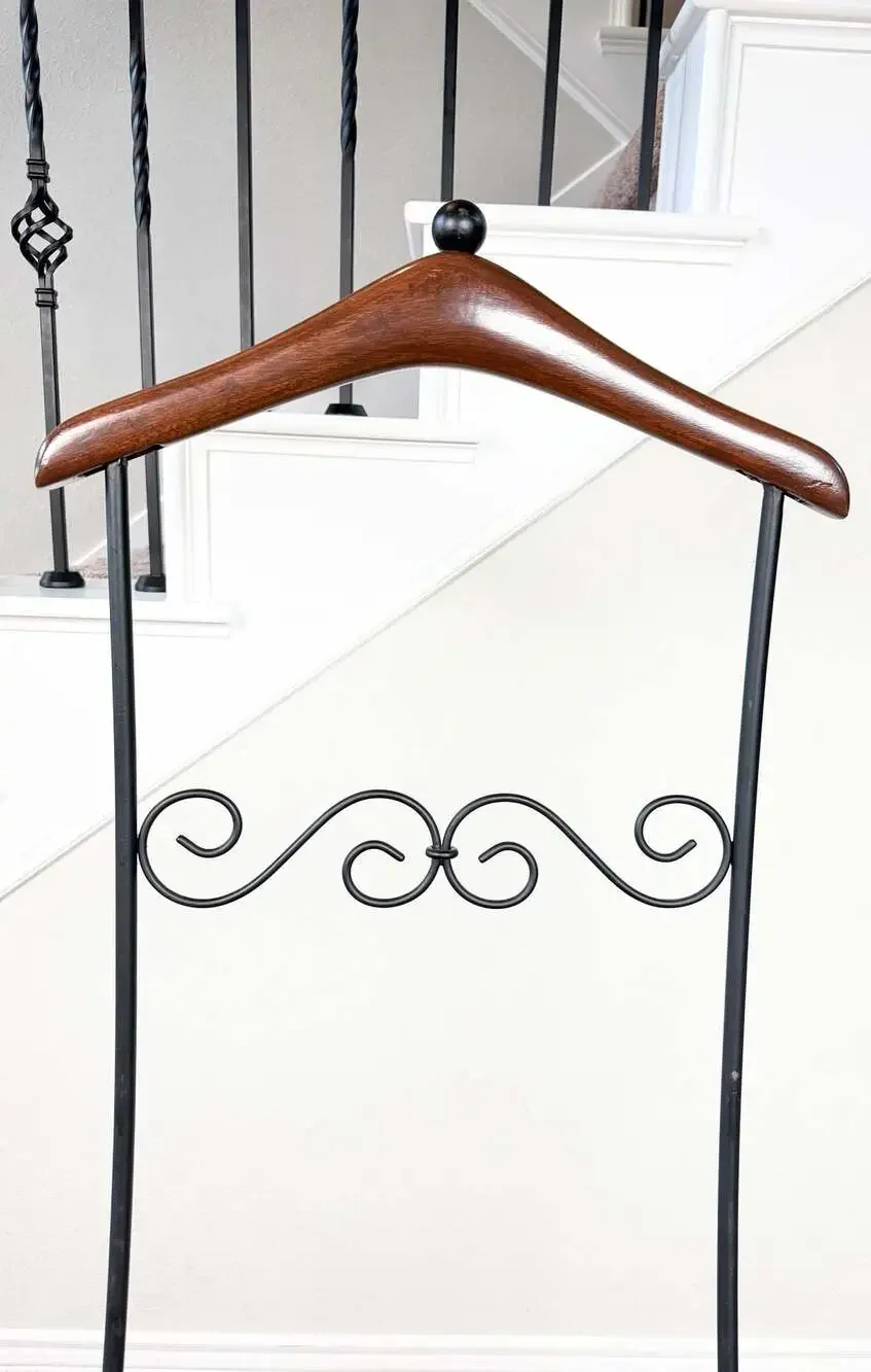 Vintage MCM Folding Butler Valet Stand Wood & Wrought Iron Clothes Rack Hanger
